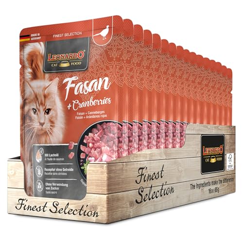Leonardo Frischebeutel [16x85g Fasan + Cranberry] | Getreidefreies Nassfutter für Katzen | Feuchtfutter Alleinfutter im Einzelportionsbeutel