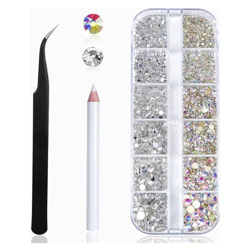 Nail Art Rhinestones Kit 2400pcs Nail Gems Ab Flatback Rhinestones Gems Stones, with Storage Organizer Box/Wax Pencil/Tweezers 6 Sizes (1.5-4.5 mm) for Nail Art Craft (2400pcs)