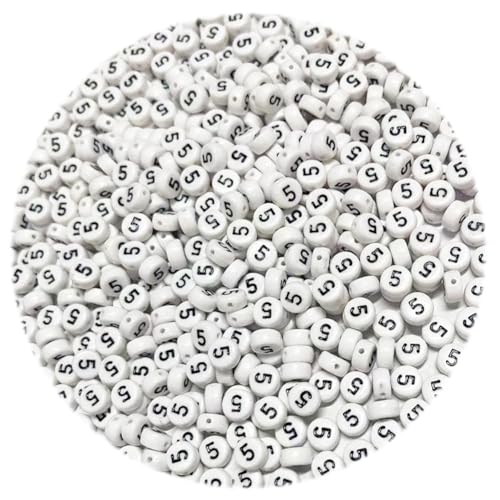 500PCS 4x7mm Arabic Numerals Beads 5 for Friendship Bracelets Jewelry Making White Round Flat Acrylic with Black Number Beads for DIY Crafts Bracelets Necklaces Key Chains Phone Lanyard