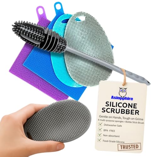 Image of Silicone Dish Scrubber Sponges (5-Pack) - Dual-Sided Silicone Scrubbers and 1 Bottle Stick Brush - Food Grade Kitchen Scrubbers for Dishes - BPA-Free Sponges