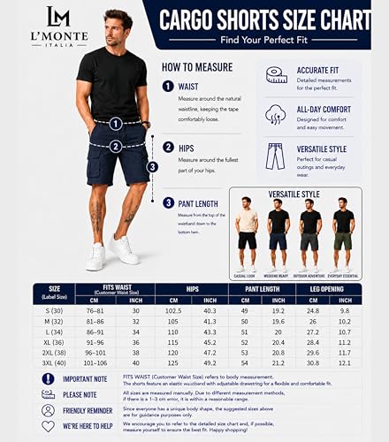 Image of L'MONTE Men's Imported Cotton Casual Relaxed Fit Outwear Cargo Shorts with Expandable Elastic Waist and Multi Pockets