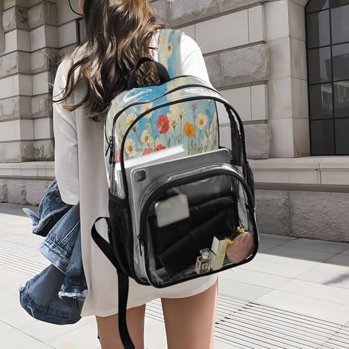 Wild Flowers Oil Painting Clear Backpack - Stadium Approved Large 15.7-inch Waterproof Transparent Bag for Sports, Concerts, Work, Travel#242 6