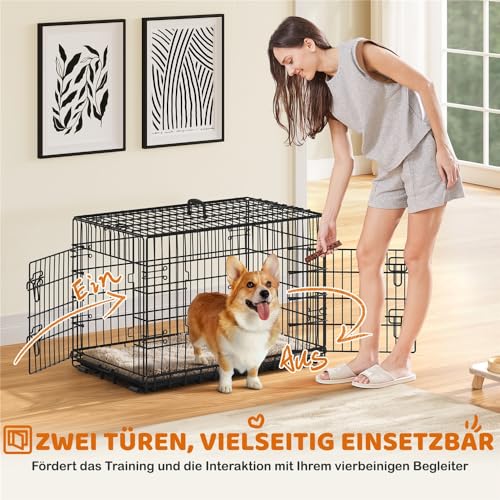 Yaheetech Hundekäfig 90 x 56 x 63 cm klappbar mit Trennwand, 2 Türen, Hundebox für zuhause mit ausziehbare Bodenschale, Transportkäfig Auto, Hundetransportbox Drahtkäfig für Hunde Welpe, L, Schwarz