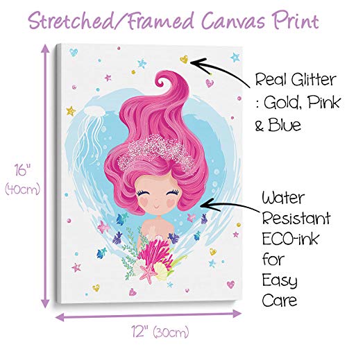Something Unicorn - Stretched/Framed, Ready To Hang Canvas Mermaid Wall Art For Girl's Bedroom. Super Cute Water Color Mermaid Prints For Girls Bedroom Decor. Set Of 3. 12X16In - Glitter Mermaid #TOP5