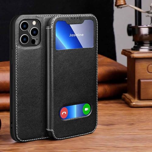 Étui en cuir pour iPhone 11 et 12 Pro avec clapet actif et fenêtre de lecture