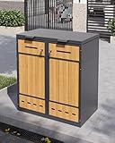KOMHTOM 240L Cache Poubelle Extérieur Double 2 Bacs, Abri à Poubelle Extérieur avec Couvercle Haut et Porte Avant, Ventilation, Acier Robuste, Design Bois (2, Gris 1)