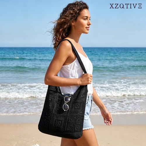 Image of XZQTIVE Crochet Tote Bag for Women Mesh Beach bag for Summer Vacation Aesthetic Hobo Knit Shoulder Bag