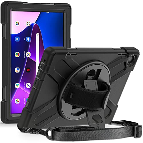Funda Resistente para Lenovo-Tab-M10-10.1''-3ª generación 2022 con Soporte para lápiz Capacitivo y Giratorio Soporte de Apoyo, Carcasa híbrida Anti-Choque con Correa para Mano/el Hombro (Negro) Cover