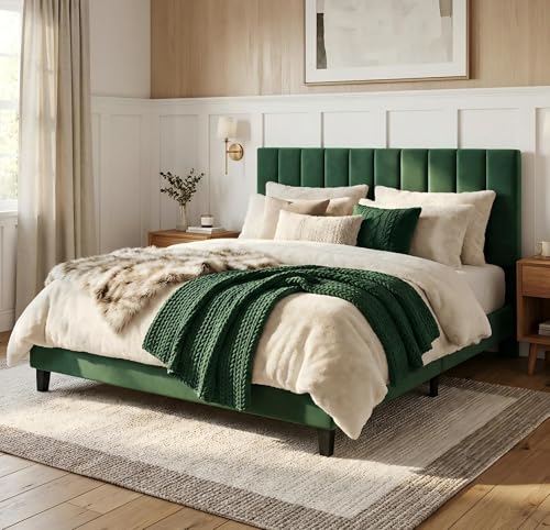 Garvee Queen Size Bed Frame, Velvet Upholstered Platform Bed with
