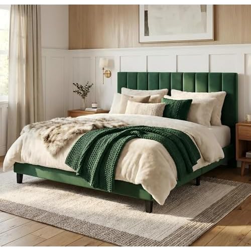 Garvee Queen Size Bed Frame, Velvet Upholstered Platform Bed with Adjustable Vertical Channel Tufted Headboard, No Box Spring Needed, Easy Assembly, D