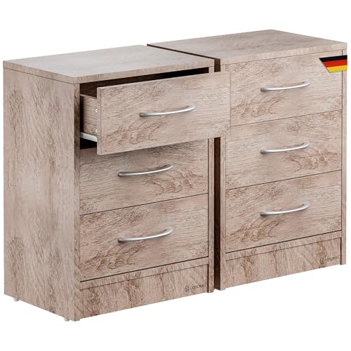 CASARIA® 2X Mesitas de Noche 3 Cajones Mesilla Auxiliar Agujero para Cable Almacenamiento 54x39x28cm Roble
