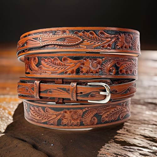 Ranger Western Leather Belt, Full Grain Leather Floral Embossed Carved Gun Belt Heavy Duty One piece Leather Belt3