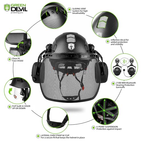 GREEN DEVIL Forestry Chainsaw Safety Helmet with Bluetooth Ear Muffs Arborist Helmet Hard Hat with Built-in Visor Face Shield 5 in 1 System Logging Garden Work Hardhats for Men Women - Thumbnail 2