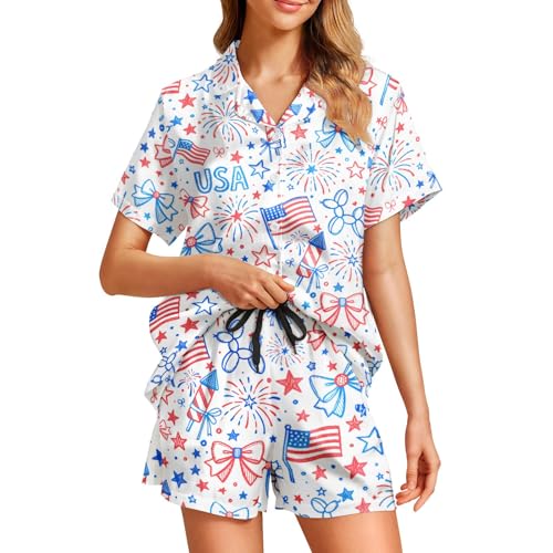 Image of Funny Pajamas for Women Set Print Satin Loungewear Pjs Short Sleeve Button Down Top and Shorts Sets Sleepwear XS-3XL