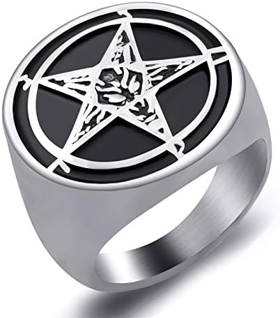 ELFASIO Pentagram Satanic Baphomet Goat Rings Sulfur Leviathan Cross Satan Demon Devil Symbol Men Stainless Steel Ring Size 13