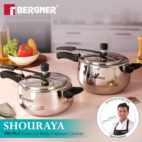 Image of Bergner Shouraya Triply Stainless Steel 1.5 Litres Inner Lid Pressure Cooker, Belly Shape, Faster and Even Heat Distribution, Healthy Cooking, ISI-Certified - Induction and Gas Stove Ready