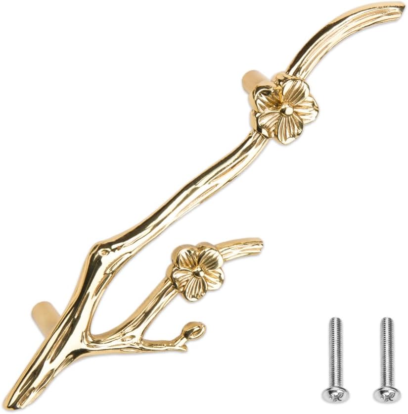 ZORZA 1Pcs Twig Drawer Pulls Polished Brass Plum Blossom Branch Handle Metal Flower Branch Furniture Cabinet Dresser Branch Drawer Handle Decorative (Left)