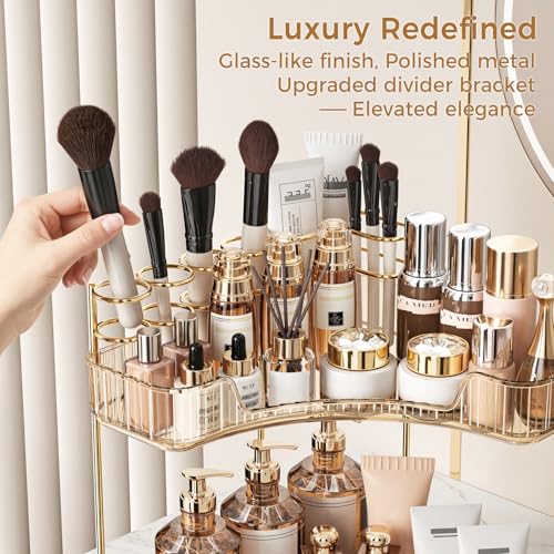 Image of BEFSOP Corner Bathroom Counter Organizer, Upgraded 3-Tier Makeup Organizer Countertop with Makeup Brush Holder, Skincare Exquisite Vanity Organizers Countertop Bathroom Storage Dresser(GOLD)