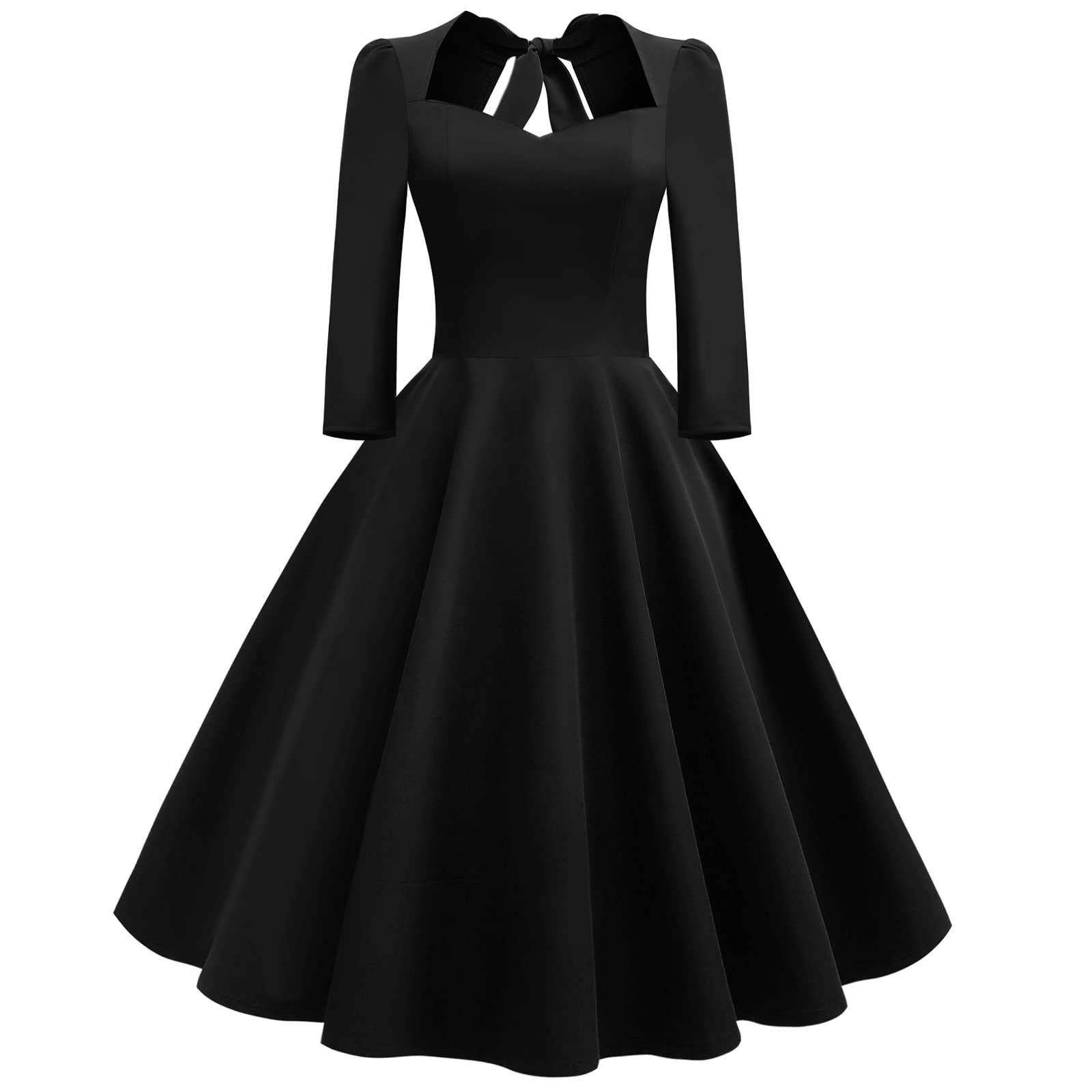 Womens 50 Retro Vintage Square Neck Dress 3/4 Sleeve Cutout Back Rockabilly Swing Cocktail Prom Dress