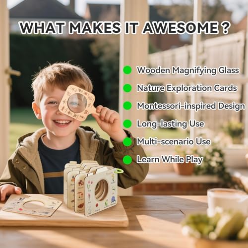 Magnifying Glass for Kids Wooden Montessori Educational Explore Toy Magnifying Glasses and Wood Bug Cards for Outdoor Adventure Birthday Gift for Boys Girls Ages 3+