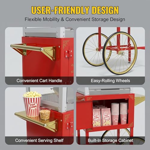 Image of 32oz Commercial Popcorn Machine, Retro Red Pop Corn Popper Cart | 32OZ Non-stick Stainless Steel Kettle, 3-Switch Control, Home Theater Style for Movie Night, Party, Office, School, Business