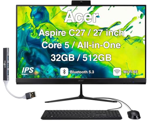 Image of Acer Aspire C27 All-in-One Desktop, 27 inch IPS FHD, Intel Core 5 120U | 32GB DDR5, 512GB PCIe SSD, USB Keyboard and Mouse, Wi-Fi 6E, Bluetooth 5.3, Webcam, Windows 11 Pro /w USB Hub