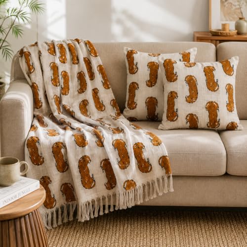 Image of Safari Leopard Heritage Printed Cotton Sofa Throw Blanket (50x70 Inches) with 2 Pcs Cushion Cover (16x16 Inch) Soft Lightweight for Couch, Living Room & Bed (Pack of 3)