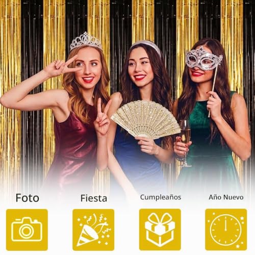 Miniatura 4 de Jonami 2 Cortinas Metálicas Oro Negro, Cortina De Lámina, Oropel Franjas Decoración Fondo Para Fiesta De Cumpleaños Bodas