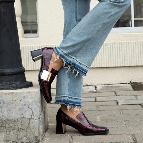 Image of Loafers for Women Patent Leather Buckle Square Toe Chunky Block Dress Slip On Wide Casual Comfortable Dressy High Heels Ladies Comfort Moccasins Elegantes 2 Inch Shoes