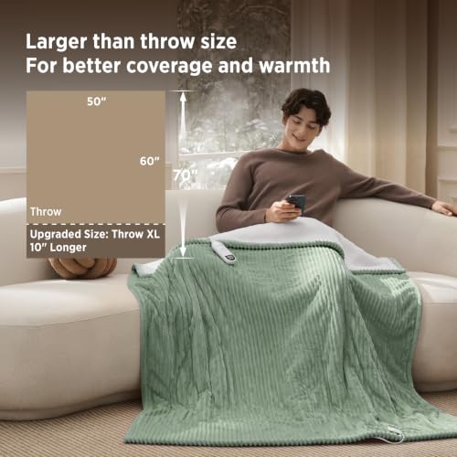 Image of Bedsure Ribbed Heated Blanket Throw XL, Green Electric Blanket, Preheat