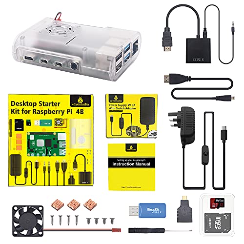 Raspberry Pi 4 4Gb Caja para Raspberry Pi 4, KEYESTUDIO Caja con Ventilador, USB-C Cargador, 4 x Disipador, Micro-HDMI Cable, USB Lector de...