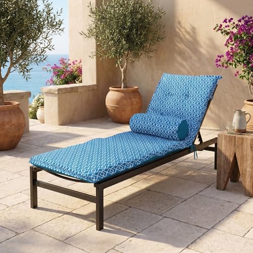 Lot de 2 Coussins pour Chaise Longue & Transat 195/60cm + 2 Traversin - AntiUV et Imperméable - Motif Géométrique Vert Turquoise