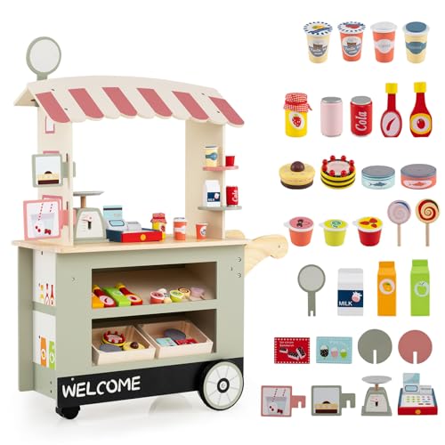 GOPLUS Carrito de Aperitivos para Niños con 30 Accesorios, Comerciante de Madera con Toldo, Carrito de Supermercado con Caja Registradora, Juego de Imitación Educativo para Niños de 3+ Años (Verde)
