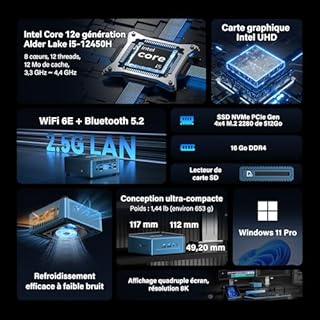 GEEKOM IT12 2026 Édition Mini PC avec Intel i5-12450H (Jusqu’à 4,4 GHz), SSD 512Go, 16Go RAM(Évolutif, Non-LPDDR), USB4, Windows 11 Pro, Lecteur SD, Mini Ordinateur de Bureau pour Maison/l'école