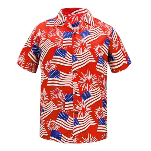 Patriotic Hawaiian Shirts for Men - American Flag Button Up Shirts Short Sleeve July 4th shirt for Independence Day & Flag Day 2X-Large