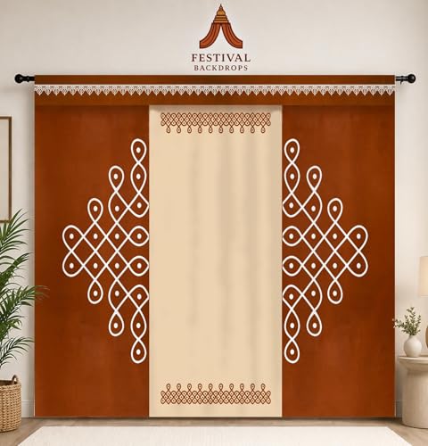 Image of FestivalBackdrops Brown Terracotta Kolam Printed Backdrop 8Ft-10Ft for Pooja & Wedding Decoration, Fully Stitched with Curtain Rod Loops | Ideal for South Indian Pooja, Festivals & Mandir Decoration