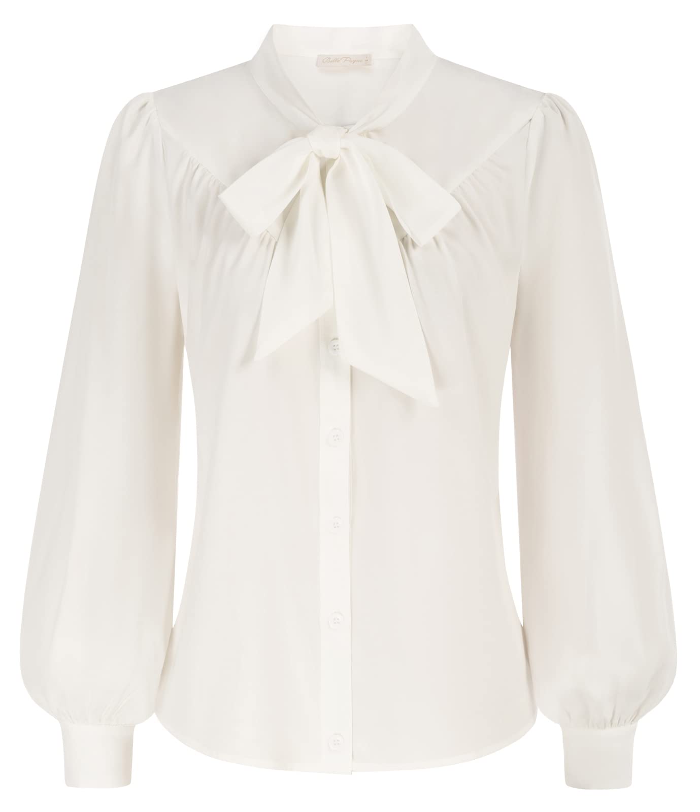 Belle PoqueWomen’s Long Sleeve Shirt Office Button Down Blouse Vintage Textured Collared Work Tops with Bow Tie