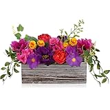DILATATA Flower Arrangement with Wooden Vase 10' Artificial Flowers in Pot - Fake Flowers in White Rectangular...