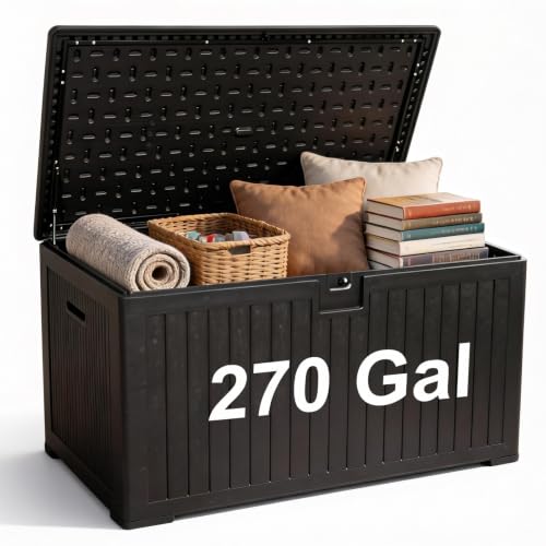 Image of 270 Gallon Outdoor Storage Box, Waterproof Extra Large Resin Deck Box with Lockable Lid for Patio, Pool Equipment, and Cushions, Black