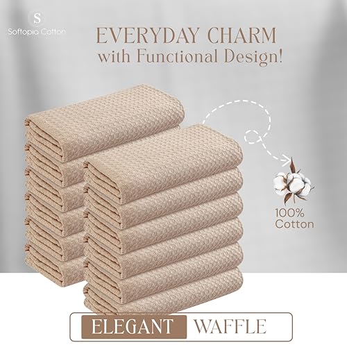 Image of Beige Kitchen Dish Towels Set of 4-100% Cotton Waffle Weave, Super Absorbent, Soft, Quick Drying, 16x26 Inches, Ideal for Cleaning, Bar, Tea, and Everyday Use, Tan