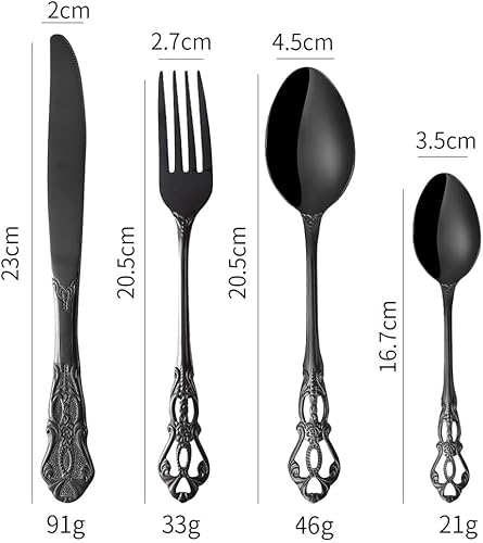 Miniatura 6 de Juego de cubiertos negros para 4, juego de cubiertos Royal Court de 16 piezas, juego de cubiertos vintage en relieve, incluye cuchara tenedor y
