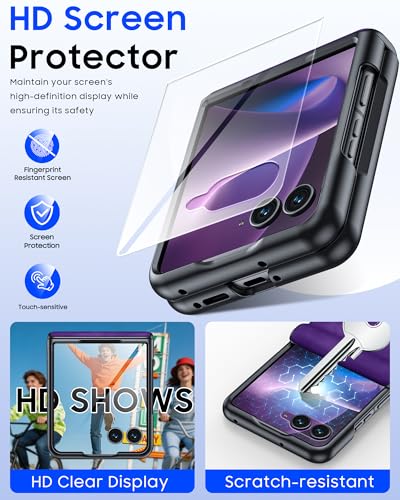 Image of for Motorola Razr+ Plus 2026 Case /Razr+ Plus 2025 Case with Hinge Protection & Built-in Outer Screen Protector, PU Leather Matte PC Shockproof Cover, Ultra Slim Case for Razr+ 2026 /2025-Purple