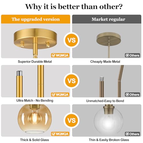 Image of MQMQA 2 Pack Gold Globe Pendant Lights, Mid Century Gold Pendant Light Fixtures, Amber Glass Pendant Lights Kitchen Island Adjustable Hanging Fixture for Dining Room (Bulbs not Included)