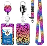 ID Badge Holder with Lanyard, Pink Leopard Print Lanyards for Id Badges, Retractable ID Badge Holder with Detachable Lanyard, Badge Reel Heavy Duty with Carabiner Clip, Nurse Teacher Office
