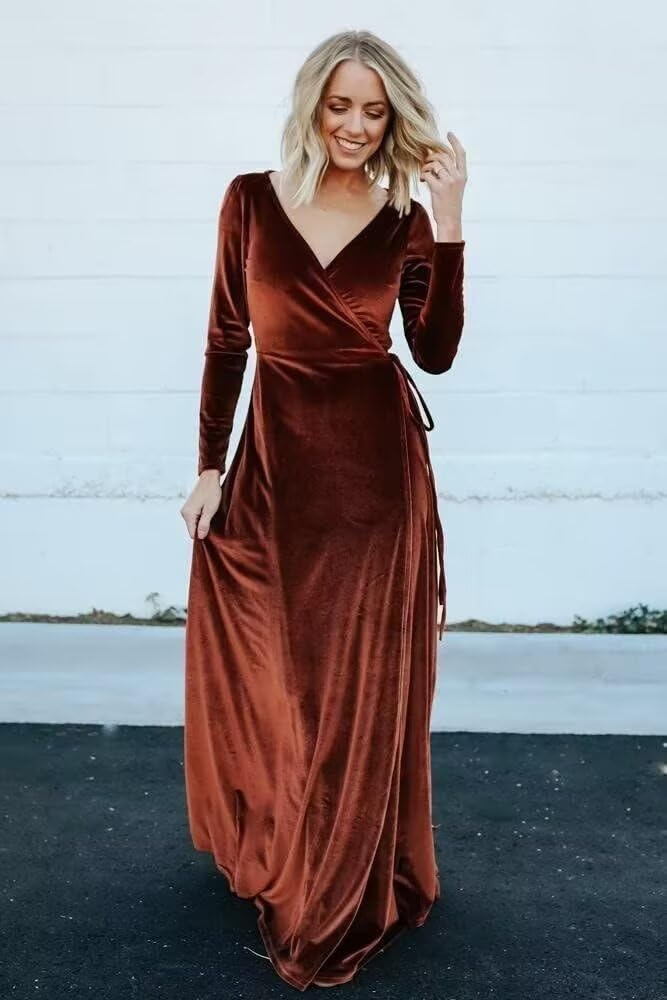 Women's V Neck Winter Velvet Bridesmaid Dresses with Slit Long Sleeves Formal Evening Gowns