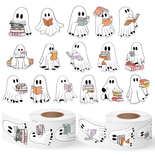 Eartim Halloween Cartoon Little Boo Ghost Reading Book Sticker Rolls | 1000Pcs Book Lover Stickers Waterproof Self-Adhesive Decorative Decal Halloween Party Gift Kids Birthday Favor Student Reward