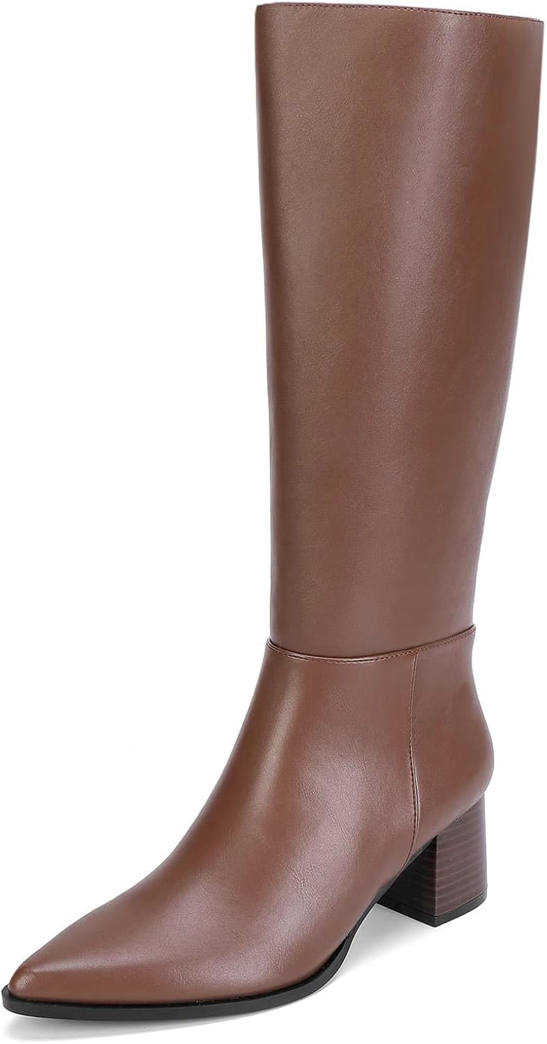 Knee High Boots Women Chunky Mid Heel - Faux Leather Design