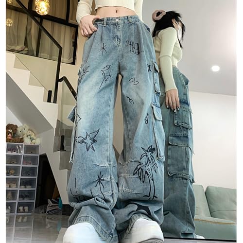 Y2K Fashion Straight High Waisted Wide Leg Jeans Casual Gradual Graffiti Patchwork Baggy Denim Pants2