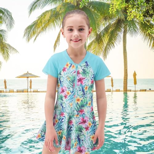 Image of Girls One Piece Swimsuits Short Sleeve Swim Dress for Girls Hawaiian Skirted Bathing Suit Summer Swimwear 3-16 Years
