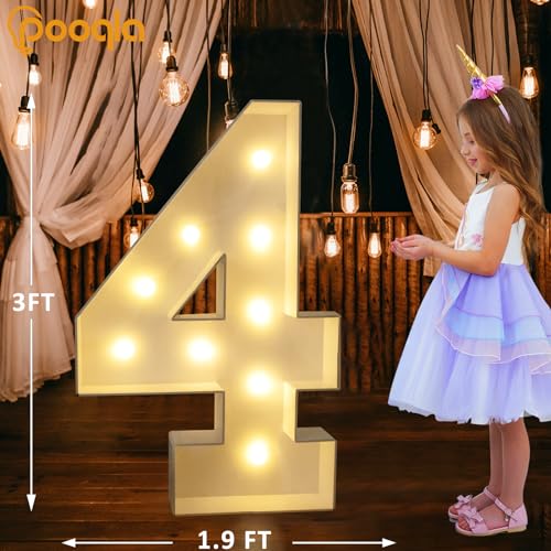 Image of Pooqla 3 FT Light Up Number 4 for 4th 14th 40th Birthday Decorations, Large Marquee Number with Cool White Warm White LED Lights Birthday Decorations for Girl Boy, Wedding Anniversary Party Decoration